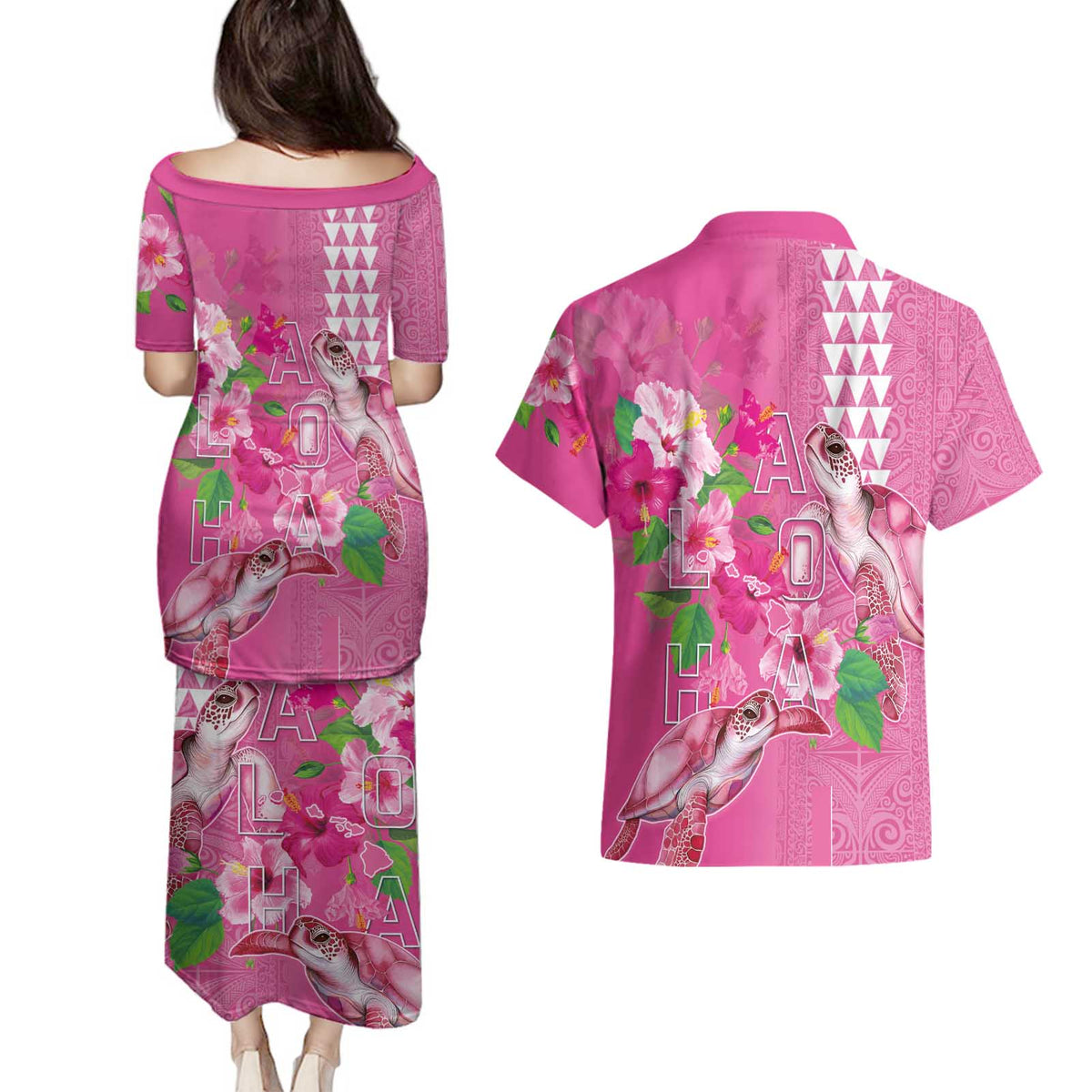 Hawaii Aloha Turtle Hibiscus and Leaves Couples Matching Puletasi and Hawaiian Shirt with Polynesian and Kakau Tattoos Rose Color - Polynesian Pride