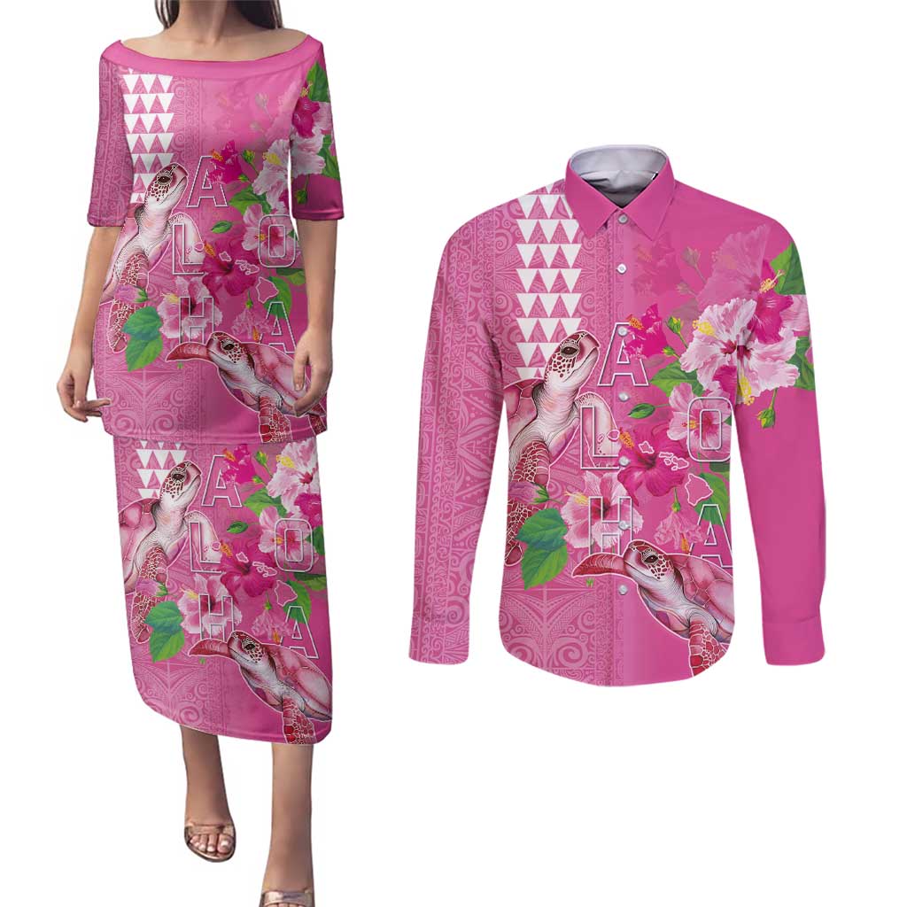 Hawaii Aloha Turtle Hibiscus and Leaves Couples Matching Puletasi and Long Sleeve Button Shirt with Polynesian and Kakau Tattoos Rose Color - Polynesian Pride
