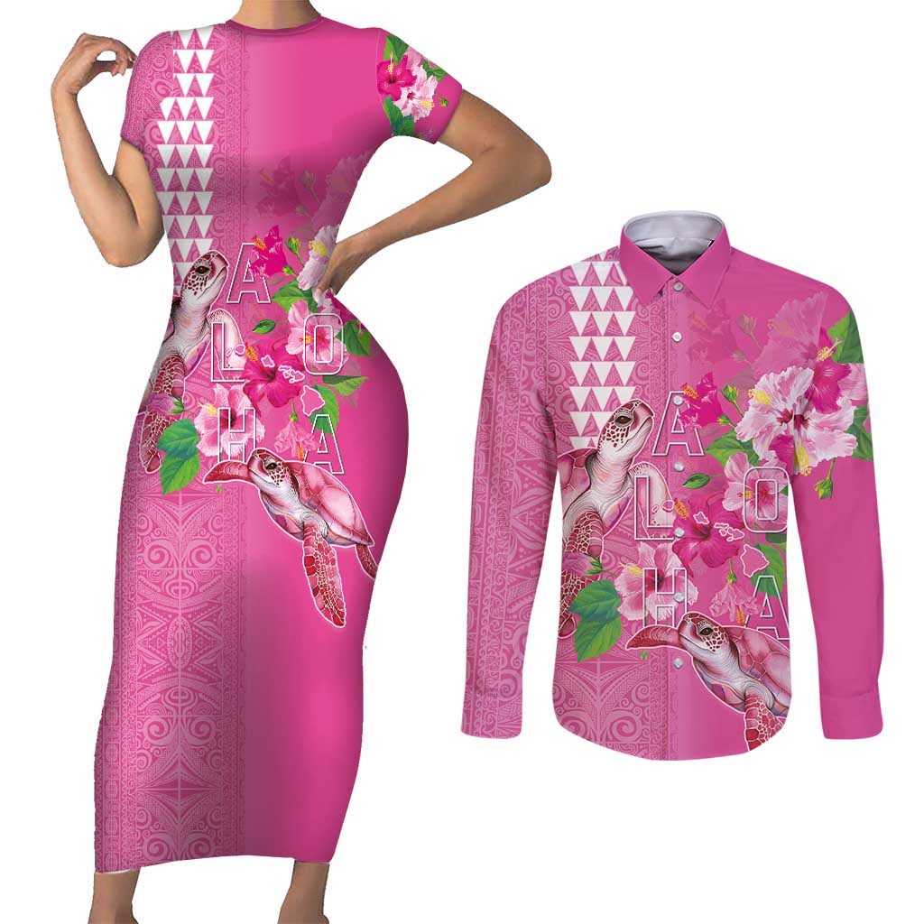 Hawaii Aloha Turtle Hibiscus and Leaves Couples Matching Short Sleeve Bodycon Dress and Long Sleeve Button Shirt with Polynesian and Kakau Tattoos Rose Color - Polynesian Pride