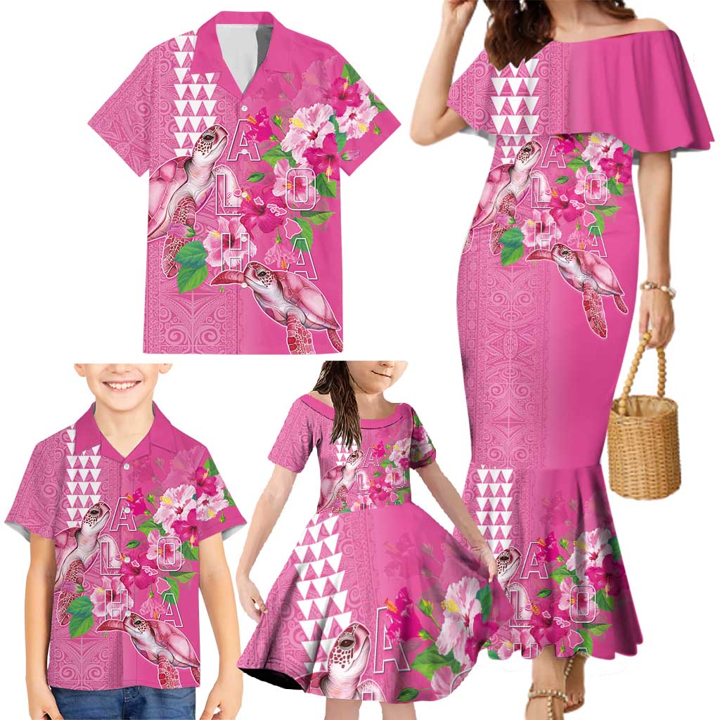 Hawaii Aloha Turtle Hibiscus and Leaves Family Matching Mermaid Dress and Hawaiian Shirt with Polynesian and Kakau Tattoos Rose Color - Polynesian Pride