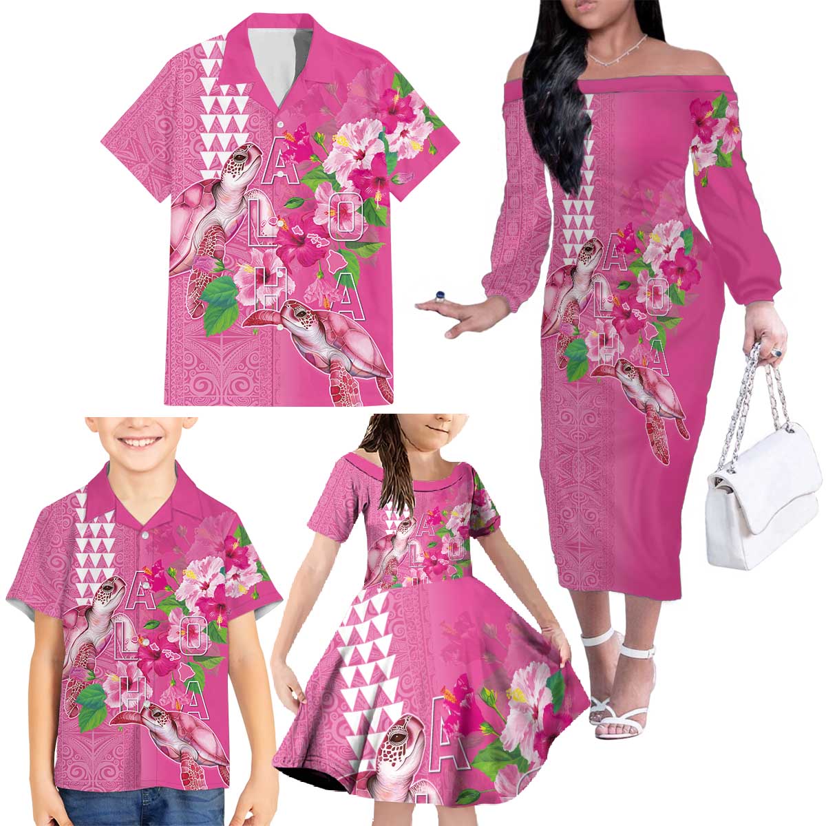 Hawaii Aloha Turtle Hibiscus and Leaves Family Matching Off The Shoulder Long Sleeve Dress and Hawaiian Shirt with Polynesian and Kakau Tattoos Rose Color - Polynesian Pride