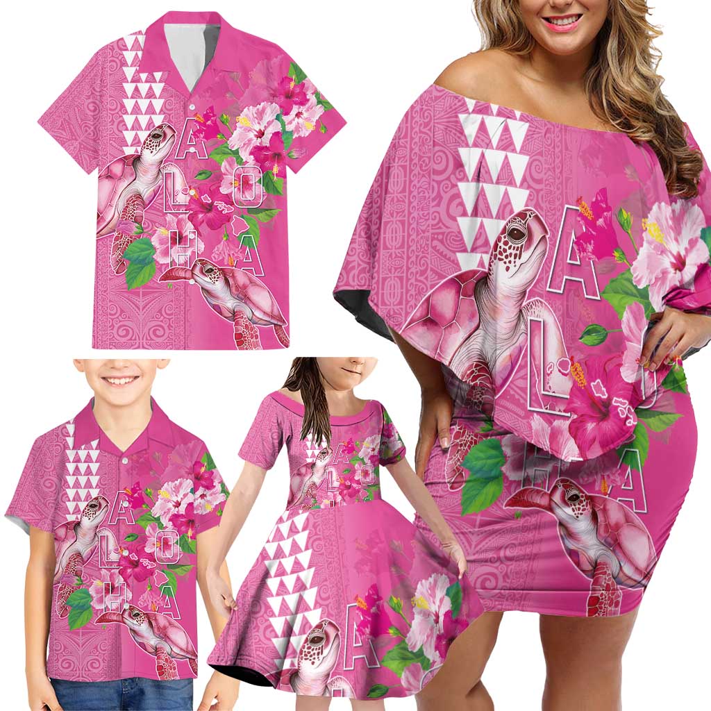 Hawaii Aloha Turtle Hibiscus and Leaves Family Matching Off Shoulder Short Dress and Hawaiian Shirt with Polynesian and Kakau Tattoos Rose Color - Polynesian Pride