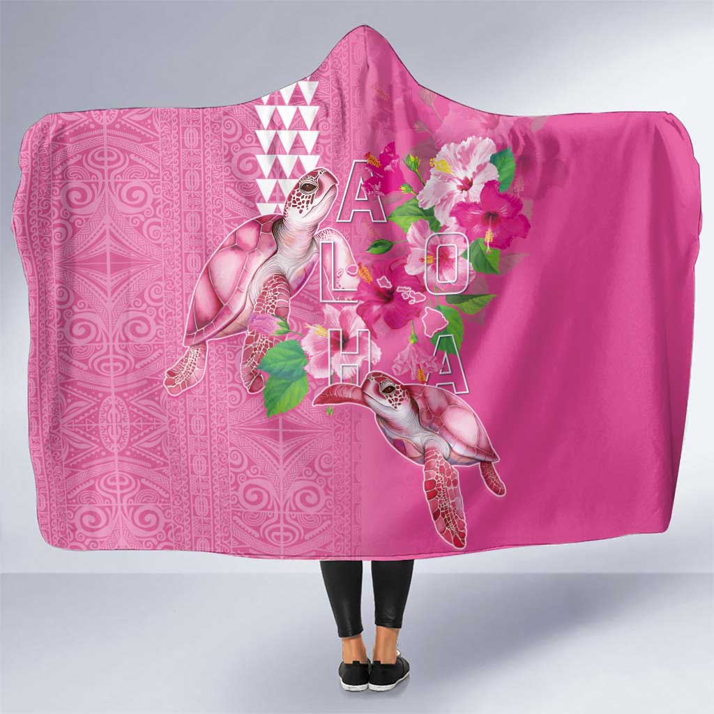 Hawaii Aloha Turtle Hibiscus and Leaves Hooded Blanket with Polynesian and Kakau Tattoos Rose Color - Polynesian Pride