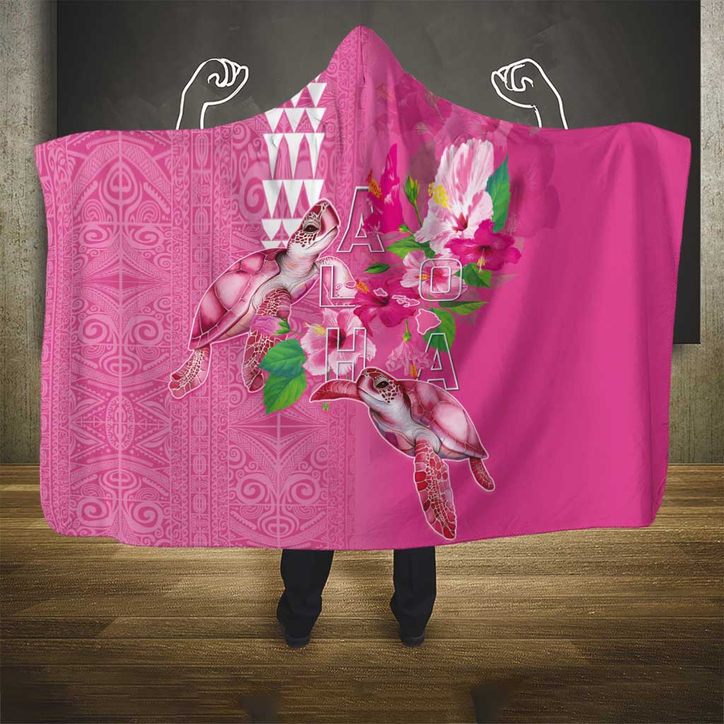 Hawaii Aloha Turtle Hibiscus and Leaves Hooded Blanket with Polynesian and Kakau Tattoos Rose Color - Polynesian Pride