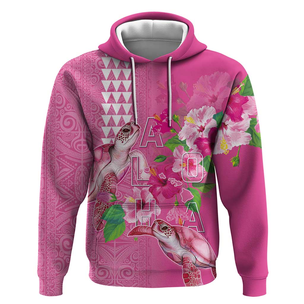 Hawaii Aloha Turtle Hibiscus and Leaves Hoodie with Polynesian and Kakau Tattoos Rose Color - Polynesian Pride