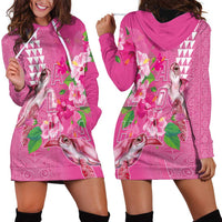 Hawaii Aloha Turtle Hibiscus and Leaves Hoodie Dress with Polynesian and Kakau Tattoos Rose Color - Polynesian Pride