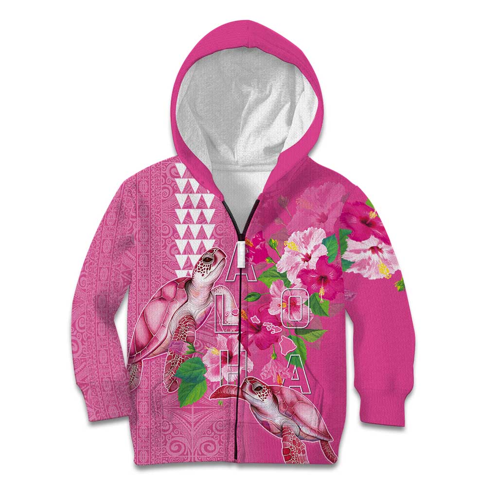 Hawaii Aloha Turtle Hibiscus and Leaves Kid Hoodie with Polynesian and Kakau Tattoos Rose Color - Polynesian Pride