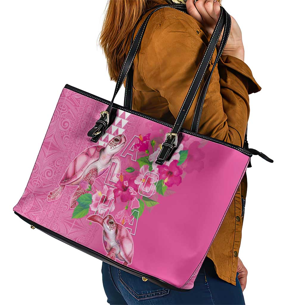 Hawaii Aloha Turtle Hibiscus and Leaves Leather Tote Bag with Polynesian and Kakau Tattoos Rose Color - Polynesian Pride