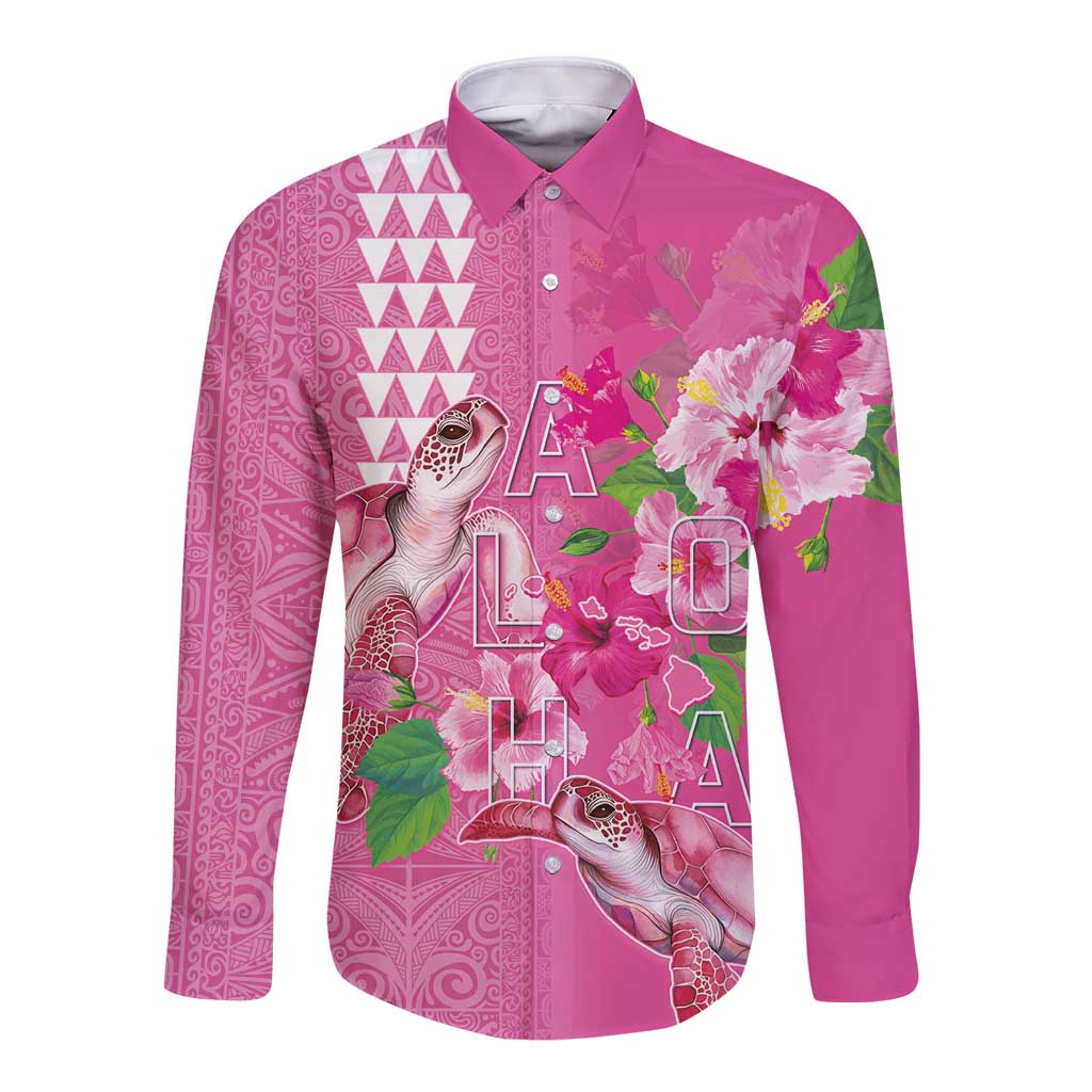 Hawaii Aloha Turtle Hibiscus and Leaves Long Sleeve Button Shirt with Polynesian and Kakau Tattoos Rose Color - Polynesian Pride