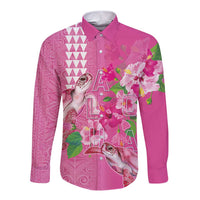 Hawaii Aloha Turtle Hibiscus and Leaves Long Sleeve Button Shirt with Polynesian and Kakau Tattoos Rose Color - Polynesian Pride