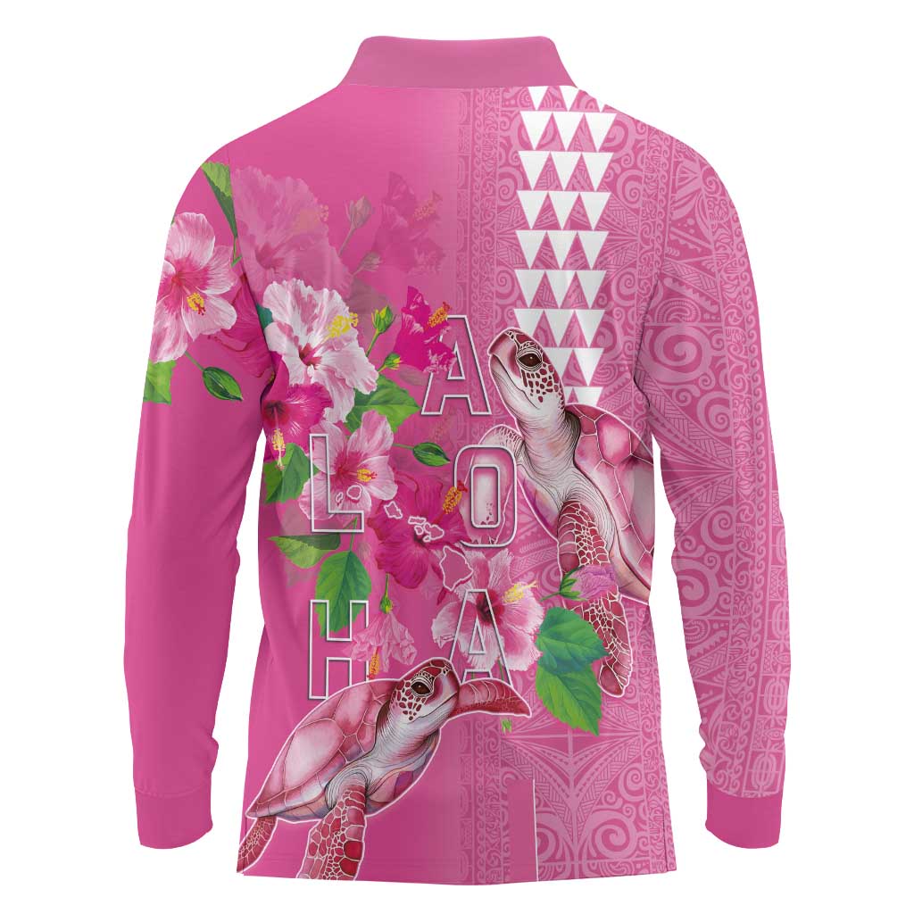 Hawaii Aloha Turtle Hibiscus and Leaves Long Sleeve Polo Shirt with Polynesian and Kakau Tattoos Rose Color - Polynesian Pride
