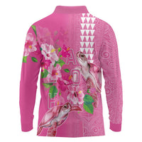 Hawaii Aloha Turtle Hibiscus and Leaves Long Sleeve Polo Shirt with Polynesian and Kakau Tattoos Rose Color - Polynesian Pride