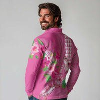 Hawaii Aloha Turtle Hibiscus and Leaves Long Sleeve Polo Shirt with Polynesian and Kakau Tattoos Rose Color - Polynesian Pride