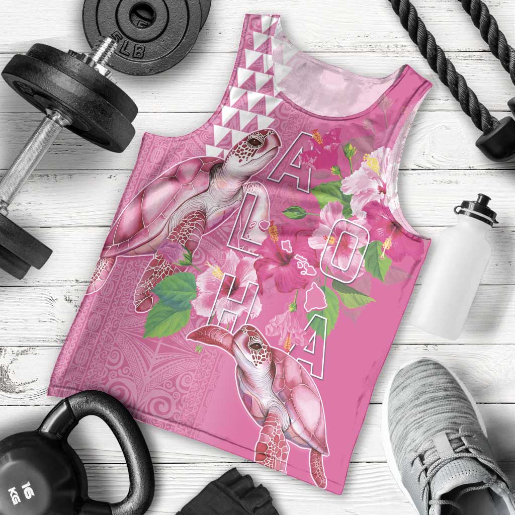 Hawaii Aloha Turtle Hibiscus and Leaves Men Tank Top with Polynesian and Kakau Tattoos Rose Color - Polynesian Pride