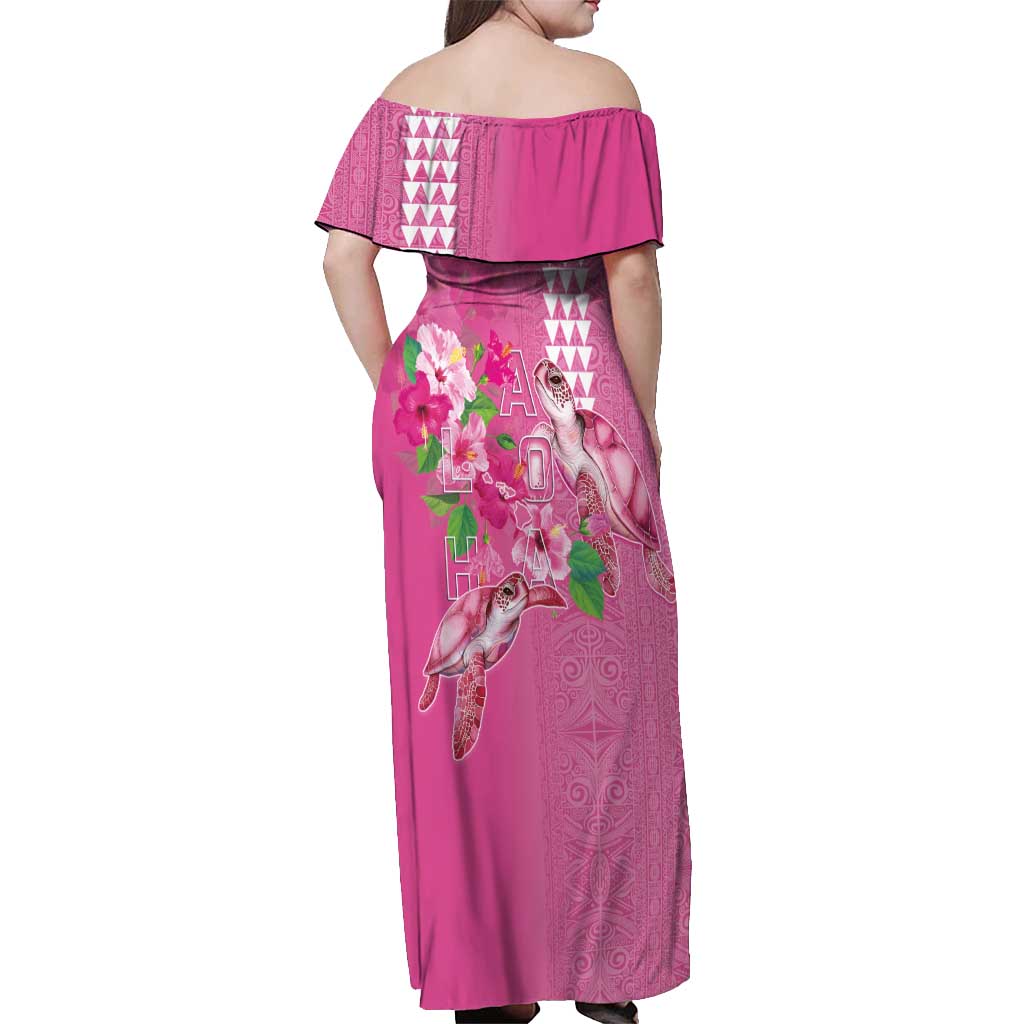 Hawaii Aloha Turtle Hibiscus and Leaves Off Shoulder Maxi Dress with Polynesian and Kakau Tattoos Rose Color - Polynesian Pride
