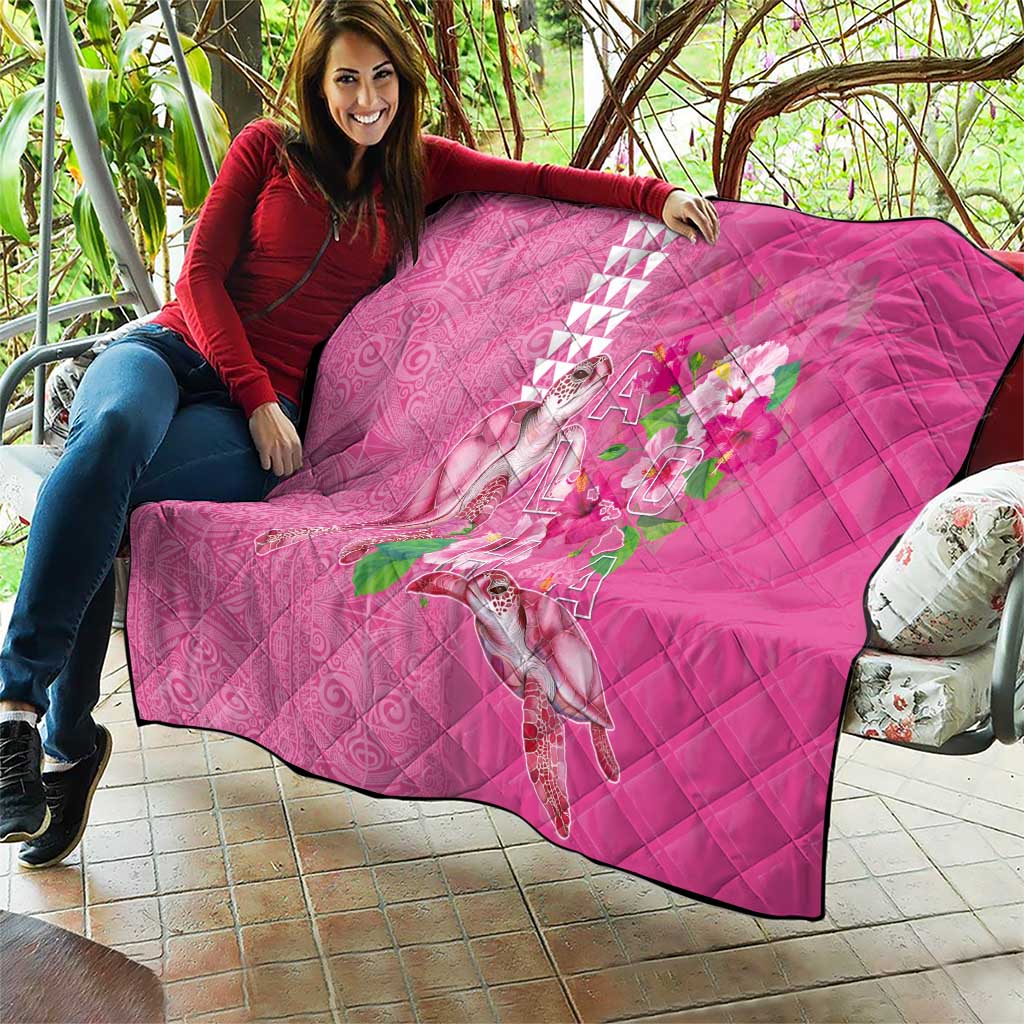 Hawaii Aloha Turtle Hibiscus and Leaves Quilt with Polynesian and Kakau Tattoos Rose Color - Polynesian Pride