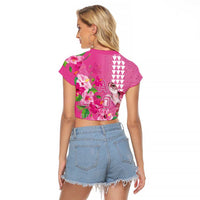 Hawaii Aloha Turtle Hibiscus and Leaves Raglan Cropped T Shirt with Polynesian and Kakau Tattoos Rose Color - Polynesian Pride
