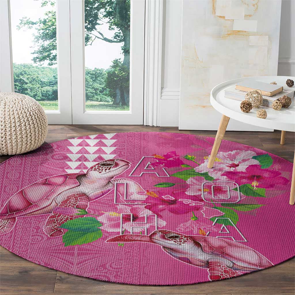 Hawaii Aloha Turtle Hibiscus and Leaves Round Carpet with Polynesian and Kakau Tattoos Rose Color - Polynesian Pride
