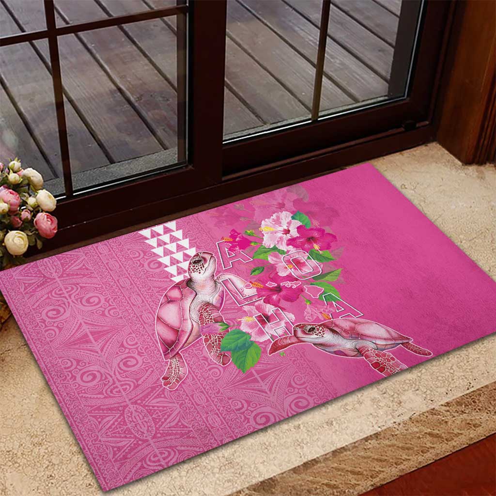 Hawaii Aloha Turtle Hibiscus and Leaves Rubber Doormat with Polynesian and Kakau Tattoos Rose Color - Polynesian Pride