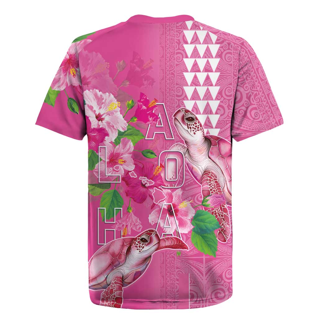 Hawaii Aloha Turtle Hibiscus and Leaves Rugby Jersey with Polynesian and Kakau Tattoos Rose Color - Polynesian Pride