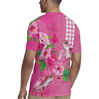 Hawaii Aloha Turtle Hibiscus and Leaves Rugby Jersey with Polynesian and Kakau Tattoos Rose Color - Polynesian Pride