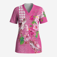Hawaii Aloha Turtle Hibiscus and Leaves Scrub Top with Polynesian and Kakau Tattoos Rose Color - Polynesian Pride