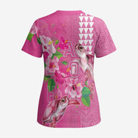 Hawaii Aloha Turtle Hibiscus and Leaves Scrub Top with Polynesian and Kakau Tattoos Rose Color - Polynesian Pride
