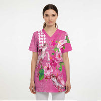 Hawaii Aloha Turtle Hibiscus and Leaves Scrub Top with Polynesian and Kakau Tattoos Rose Color - Polynesian Pride