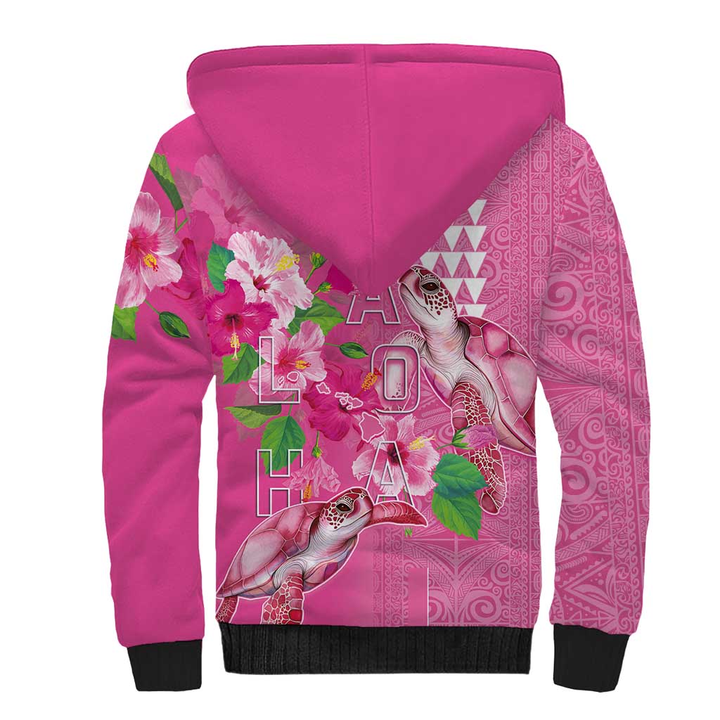 Hawaii Aloha Turtle Hibiscus and Leaves Sherpa Hoodie with Polynesian and Kakau Tattoos Rose Color - Polynesian Pride