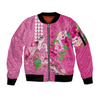 Hawaii Aloha Turtle Hibiscus and Leaves Sleeve Zip Bomber Jacket with Polynesian and Kakau Tattoos Rose Color - Polynesian Pride