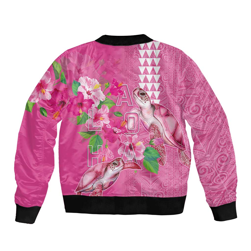 Hawaii Aloha Turtle Hibiscus and Leaves Sleeve Zip Bomber Jacket with Polynesian and Kakau Tattoos Rose Color - Polynesian Pride