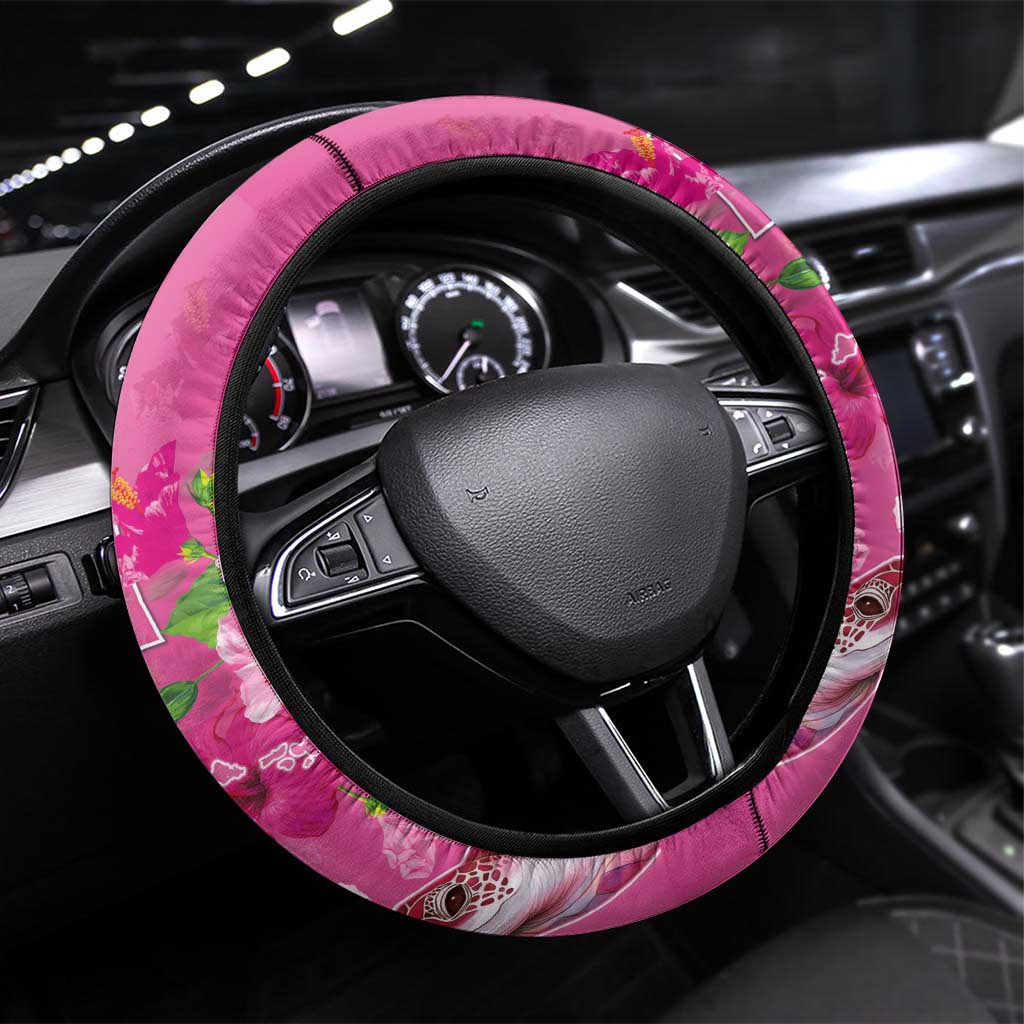 Hawaii Aloha Turtle Hibiscus and Leaves Steering Wheel Cover with Polynesian and Kakau Tattoos Rose Color - Polynesian Pride