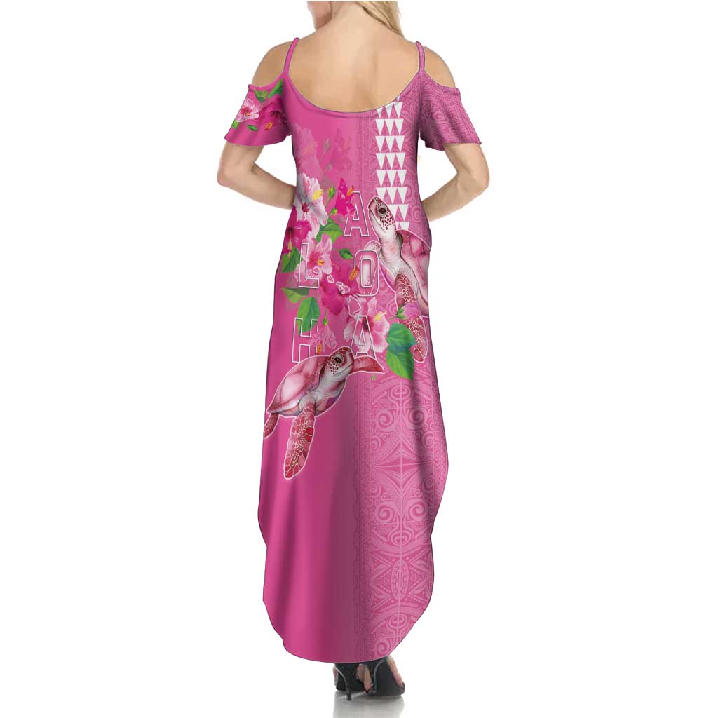 Hawaii Aloha Turtle Hibiscus and Leaves Summer Maxi Dress with Polynesian and Kakau Tattoos Rose Color - Polynesian Pride