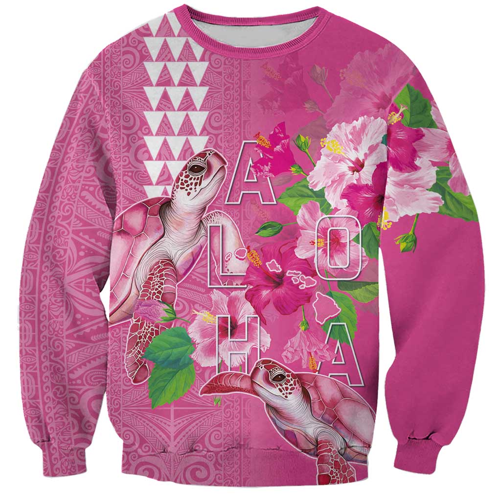 Hawaii Aloha Turtle Hibiscus and Leaves Sweatshirt with Polynesian and Kakau Tattoos Rose Color - Polynesian Pride