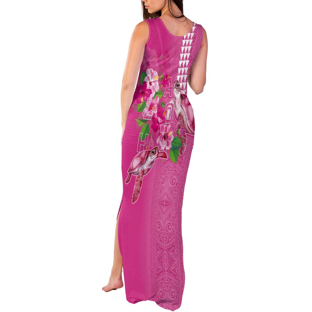 Hawaii Aloha Turtle Hibiscus and Leaves Tank Maxi Dress with Polynesian and Kakau Tattoos Rose Color - Polynesian Pride