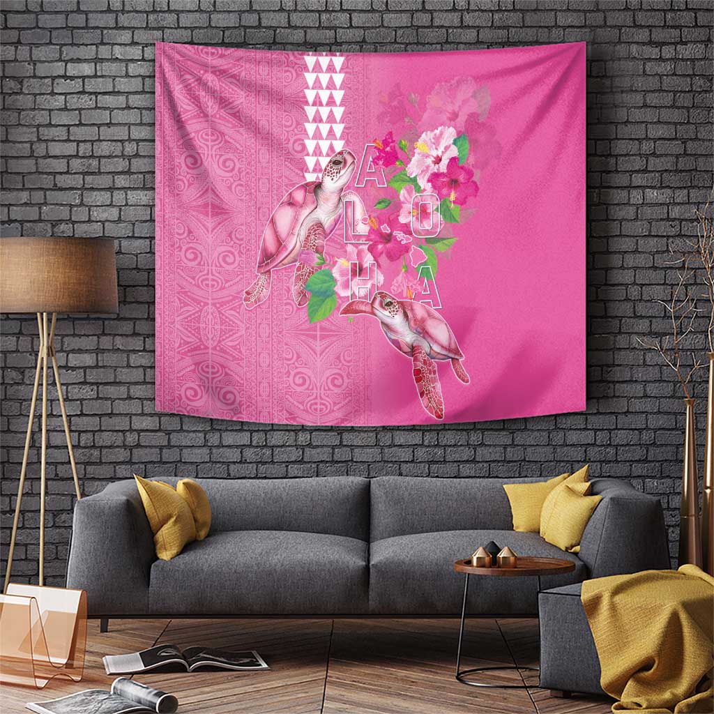 Hawaii Aloha Turtle Hibiscus and Leaves Tapestry with Polynesian and Kakau Tattoos Rose Color - Polynesian Pride