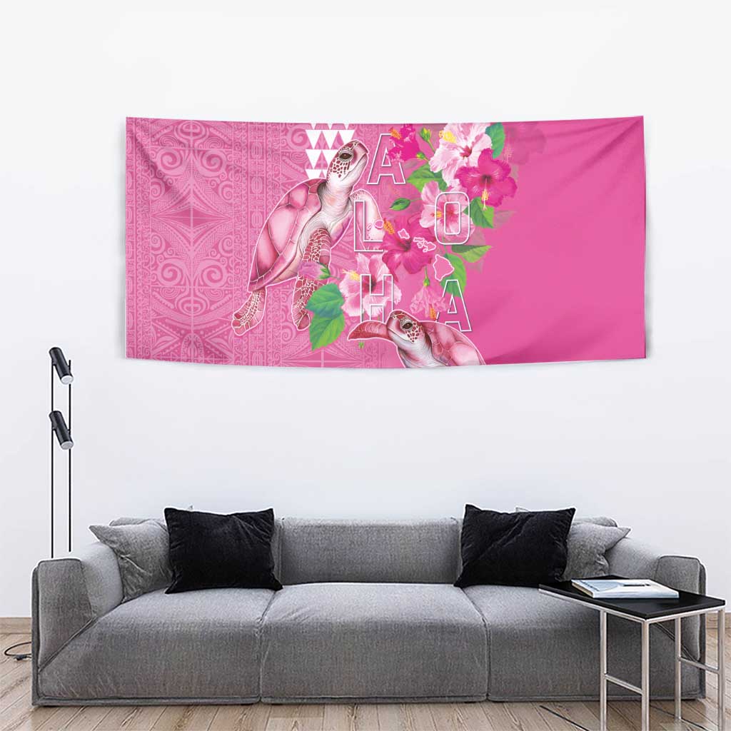 Hawaii Aloha Turtle Hibiscus and Leaves Tapestry with Polynesian and Kakau Tattoos Rose Color - Polynesian Pride