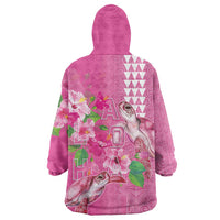Hawaii Aloha Turtle Hibiscus and Leaves Wearable Blanket Hoodie with Polynesian and Kakau Tattoos Rose Color - Polynesian Pride