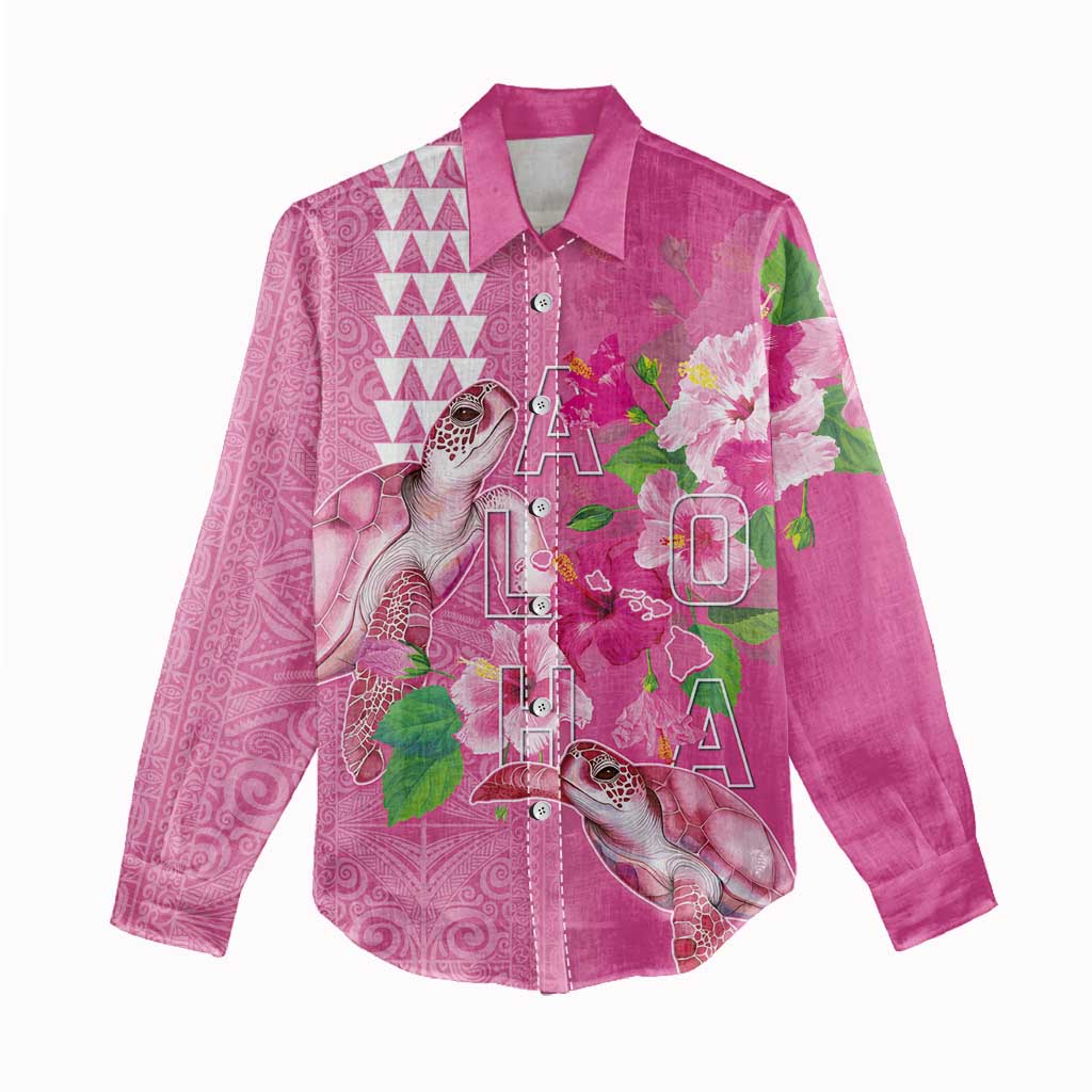 Hawaii Aloha Turtle Hibiscus and Leaves Women Casual Shirt with Polynesian and Kakau Tattoos Rose Color - Polynesian Pride