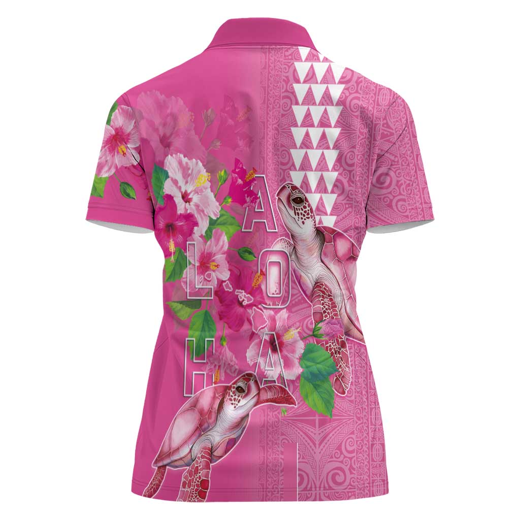 Hawaii Aloha Turtle Hibiscus and Leaves Women Polo Shirt with Polynesian and Kakau Tattoos Rose Color - Polynesian Pride