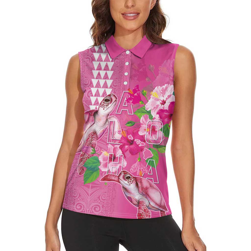 Hawaii Aloha Turtle Hibiscus and Leaves Women Sleeveless Polo Shirt with Polynesian and Kakau Tattoos Rose Color - Polynesian Pride