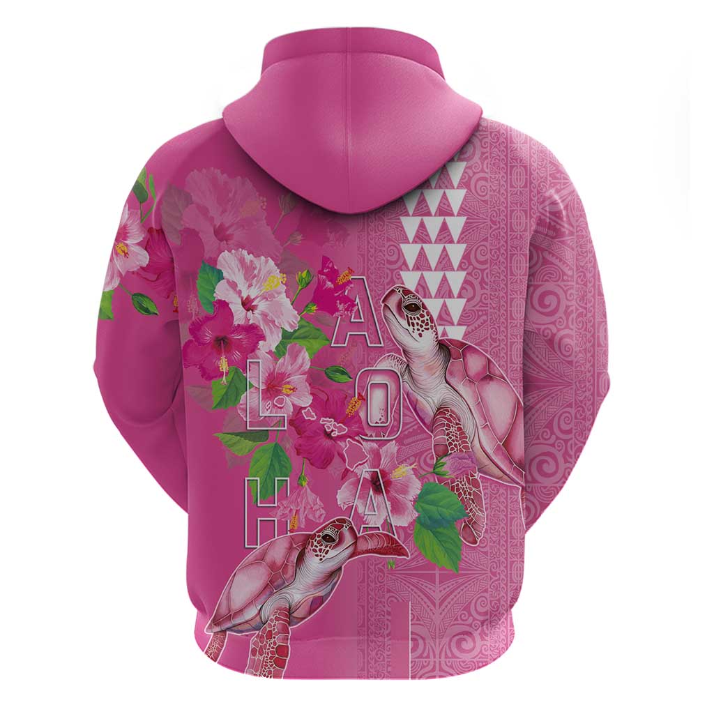 Hawaii Aloha Turtle Hibiscus and Leaves Zip Hoodie with Polynesian and Kakau Tattoos Rose Color - Polynesian Pride