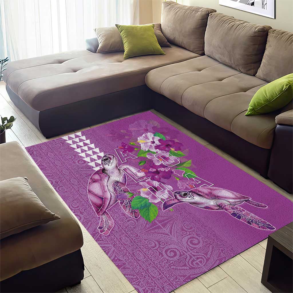 Hawaii Aloha Turtle Hibiscus and Leaves Area Rug with Polynesian and Kakau Tattoos Lilac Color - Polynesian Pride
