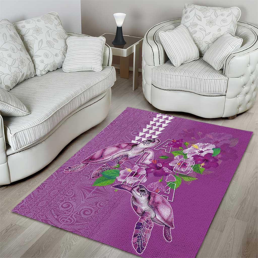 Hawaii Aloha Turtle Hibiscus and Leaves Area Rug with Polynesian and Kakau Tattoos Lilac Color - Polynesian Pride