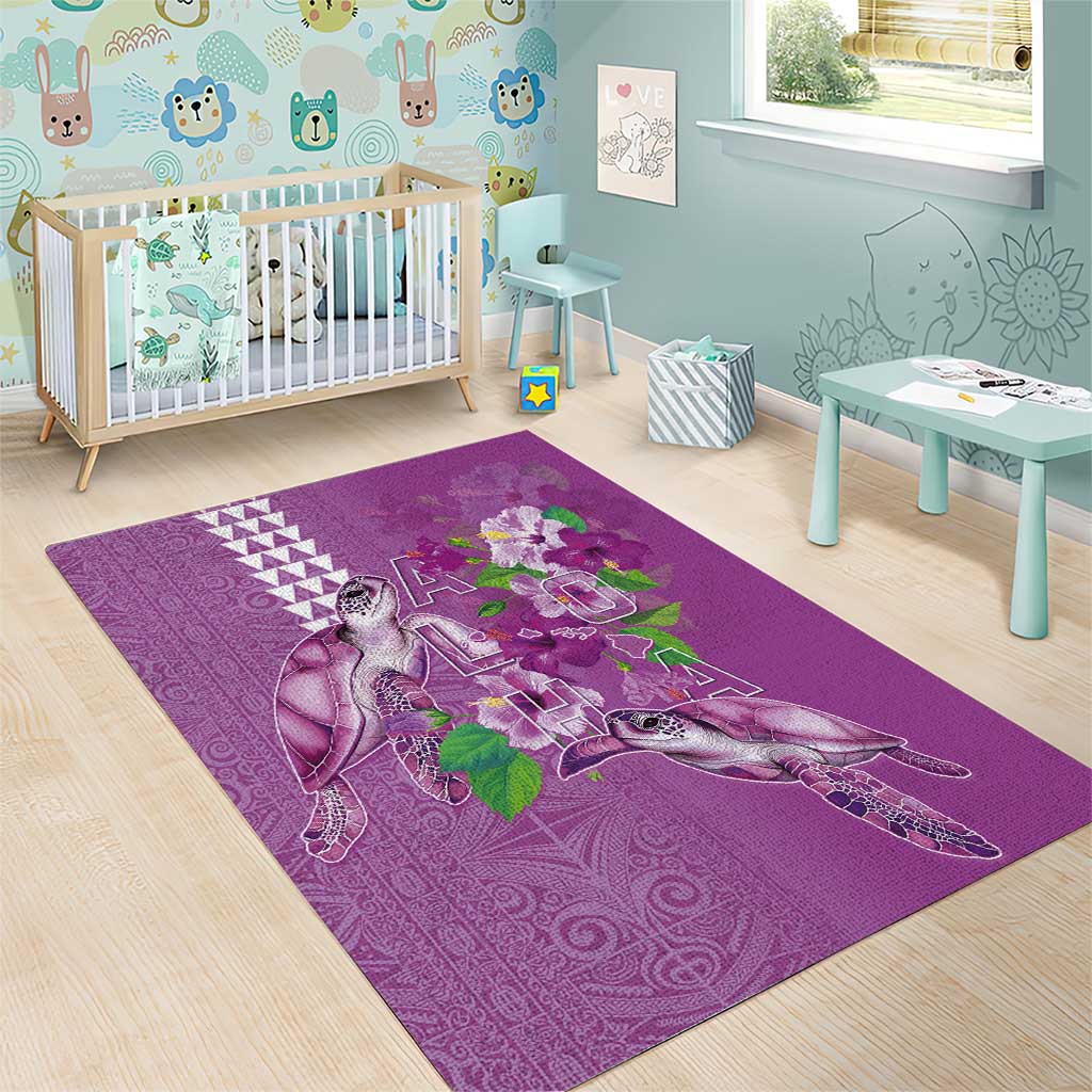 Hawaii Aloha Turtle Hibiscus and Leaves Area Rug with Polynesian and Kakau Tattoos Lilac Color - Polynesian Pride