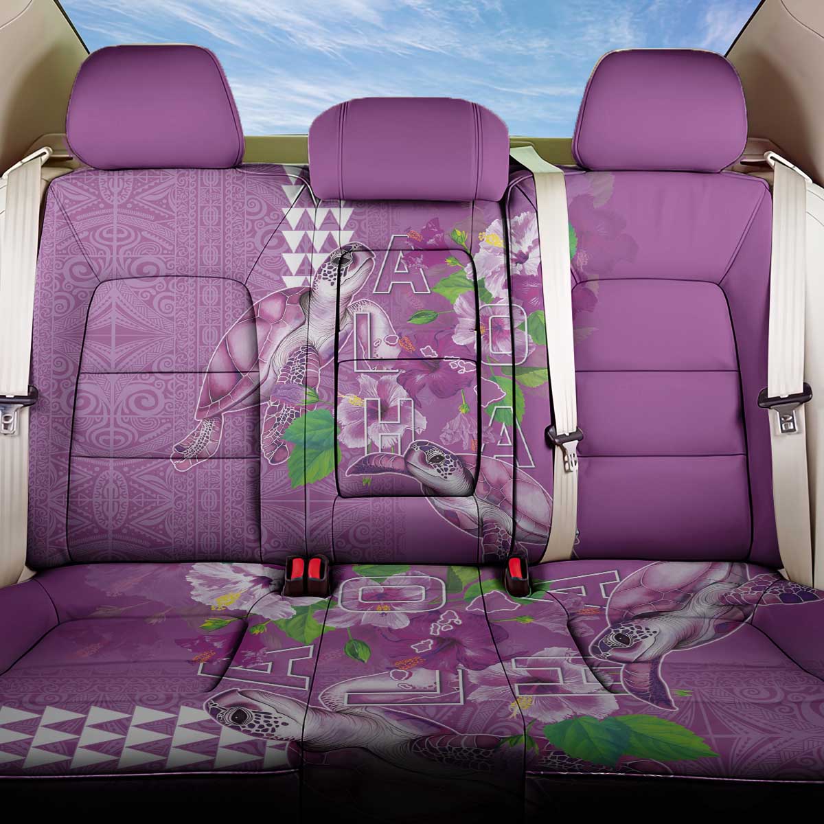 Hawaii Aloha Turtle Hibiscus and Leaves Back Car Seat Cover with Polynesian and Kakau Tattoos Lilac Color - Polynesian Pride