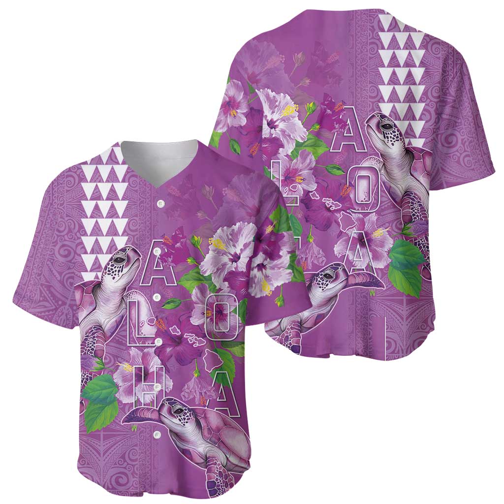 Hawaii Aloha Turtle Hibiscus and Leaves Baseball Jersey with Polynesian and Kakau Tattoos Lilac Color - Polynesian Pride