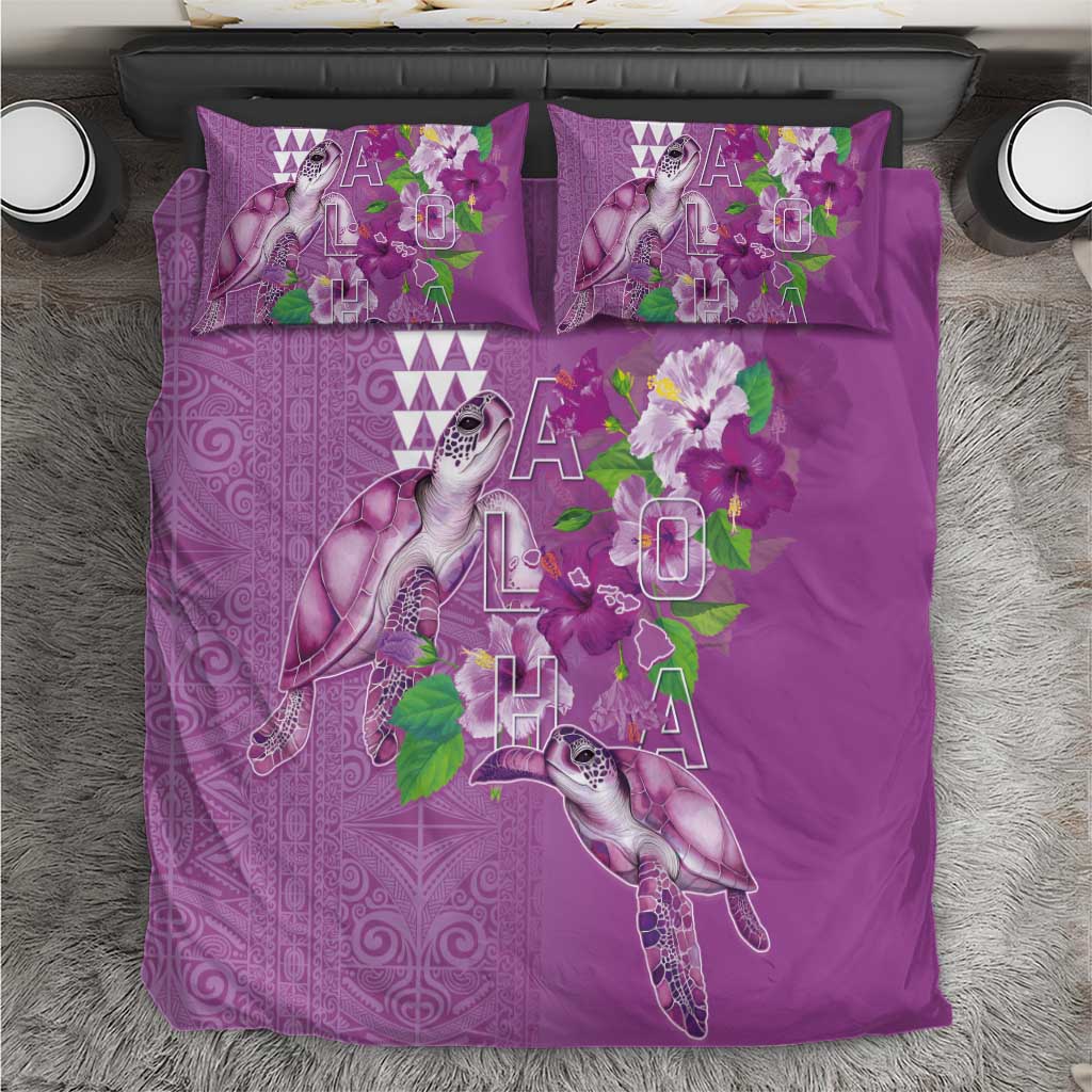 Hawaii Aloha Turtle Hibiscus and Leaves Bedding Set with Polynesian and Kakau Tattoos Lilac Color - Polynesian Pride