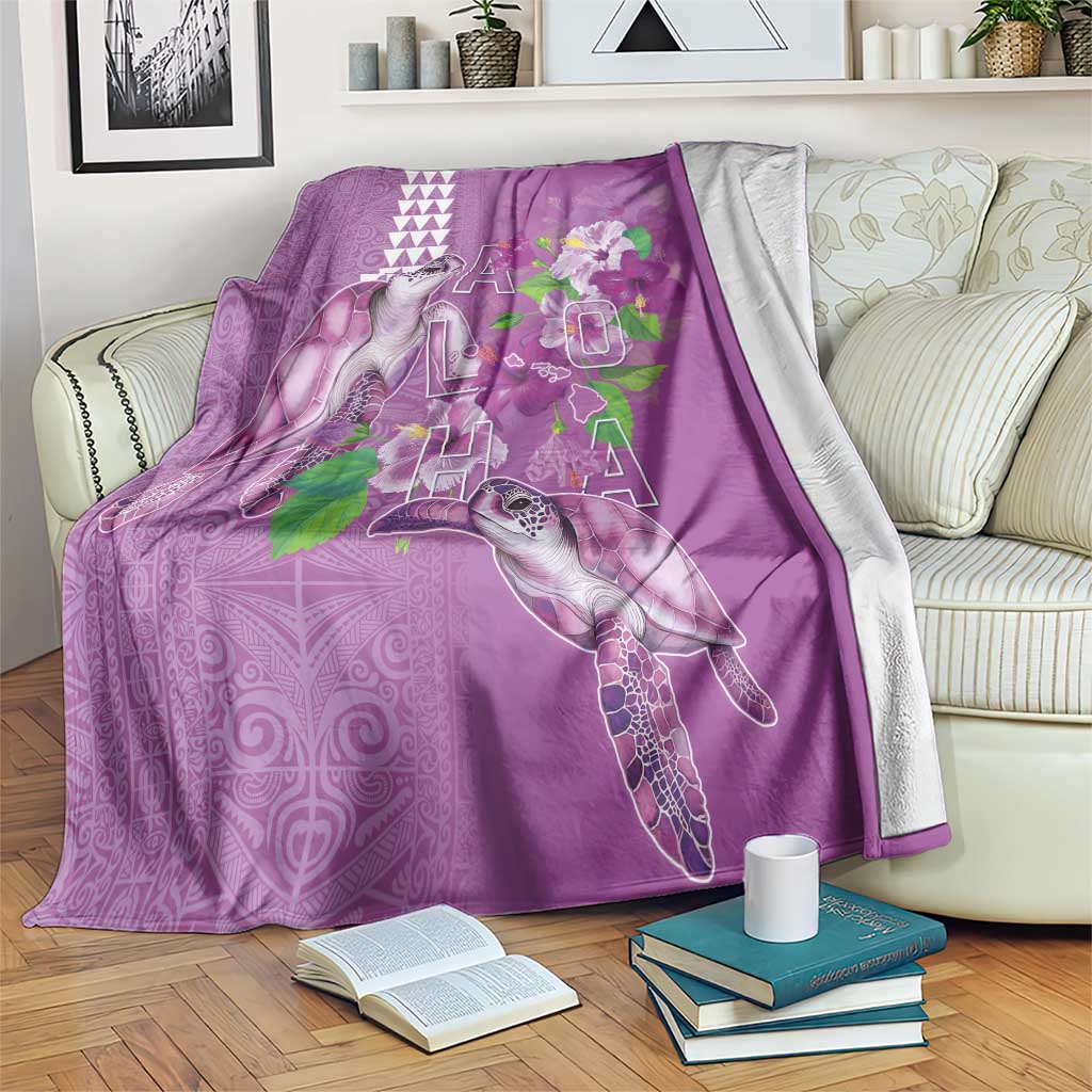 Hawaii Aloha Turtle Hibiscus and Leaves Blanket with Polynesian and Kakau Tattoos Lilac Color - Polynesian Pride