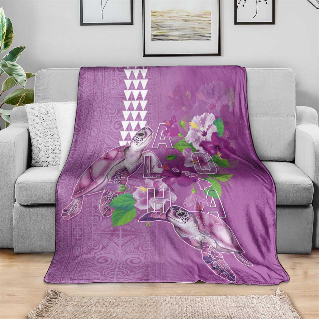 Hawaii Aloha Turtle Hibiscus and Leaves Blanket with Polynesian and Kakau Tattoos Lilac Color - Polynesian Pride
